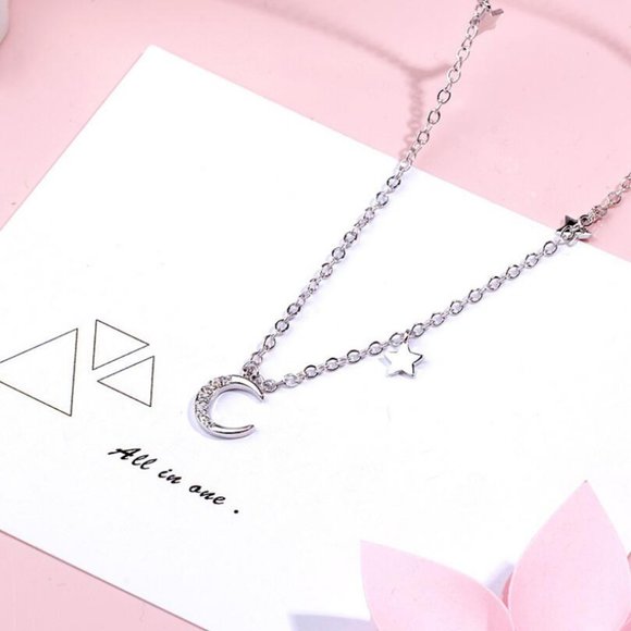 *925 Sterling Silver Diamond Moon Star Necklace E1 - Picture 5 of 14